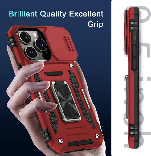 DEERLAMN Military Grade Shockproof Case for iPhone 15 Pro Max, with Slide Camera Cover + Screen Protector (1 Pack), Red
