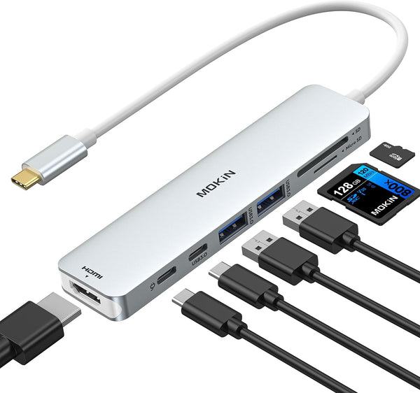 MOKiN USB C Hub HDMI Adapter, 7 in 1 Dongle with HDMI, SD/TF Card Reader, USB C Data Port, 100W PD for MacBook