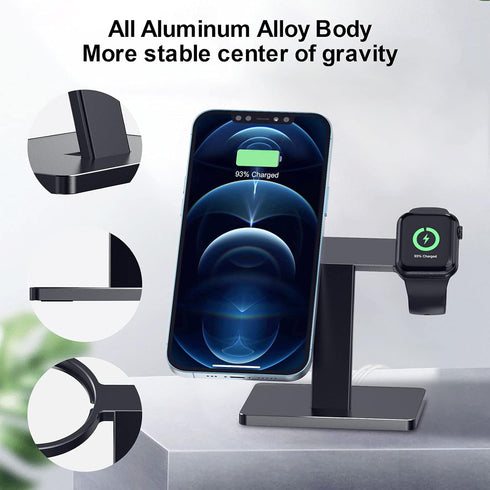 EWA 2 in 1 Magsafe Charger Stand, Aluminum Alloy,Phone Stand Holder,Compatible with iphone15/pro/pro Max, iPhone 14/13/12/ Pro Max/Mini and Apple Watch 3/4/5/6/7/8 Black - (Chargers Not Included)
