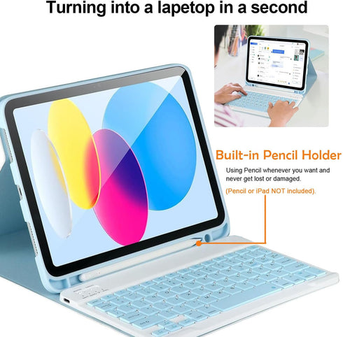 iPad 10th Generation Case with Wireless Bluetooth Keyboard 2022, Built-in Pencil Holder - SkyBlue, Model