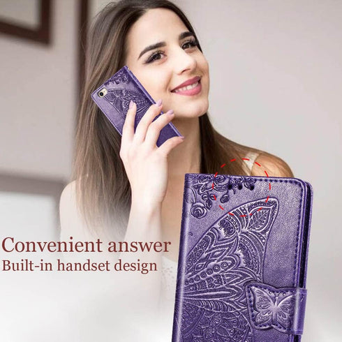Wallet Case for iPhone SE 2020/2022/iPhone 8/7, Women Butterfly Embossed PU Leather Stand with Card Slots (Purple)