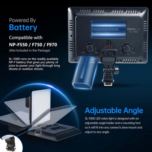 SL100D LED Video Light, Bi-Color on Camera, Continuous Dimmable Photography Lighting, Portable Studio LED Panel
