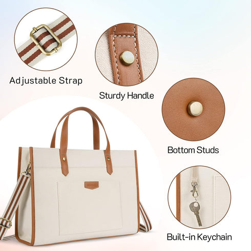Missnine Canvas Laptop Tote Bag, 15.6 Inch Work Shoulder Bag, Casual Briefcase Handbag for Travel, Office, College