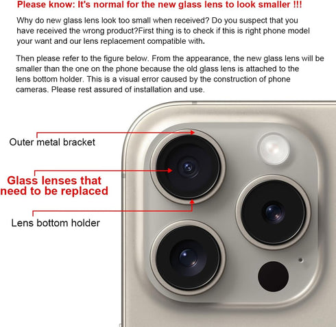 Original OEM Back Rear Camera Glass Lens Replacement for iPhone 15 Pro Max 6.7-inches with Adhesive Preinstalled