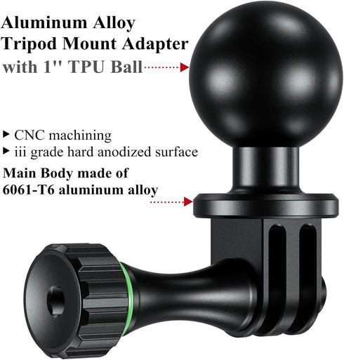 BRCOVAN Aluminum Alloy Tripod Mount Adapter with Camera 1/4"-20 Thread & 1'' TPU Ball Joint, Compatible with RAM Mounts B Size 1'' Ball Double Socket Arm, for Action Camera/Camcorder/Field Monitor