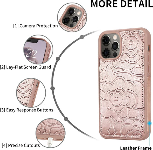 CASEOWL Detachable Wallet Case for iPhone 13 Pro Max, Folio Flip Leather Case with RFID Card Holder Strap - Camellia