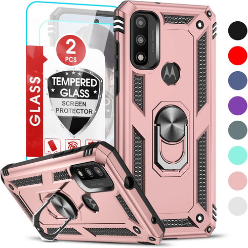 LeYi Phone Case for Motorola Moto G Play 2023, Military-Grade Protective with 2 Pcs Tempered Glass Protector, Rose Gold