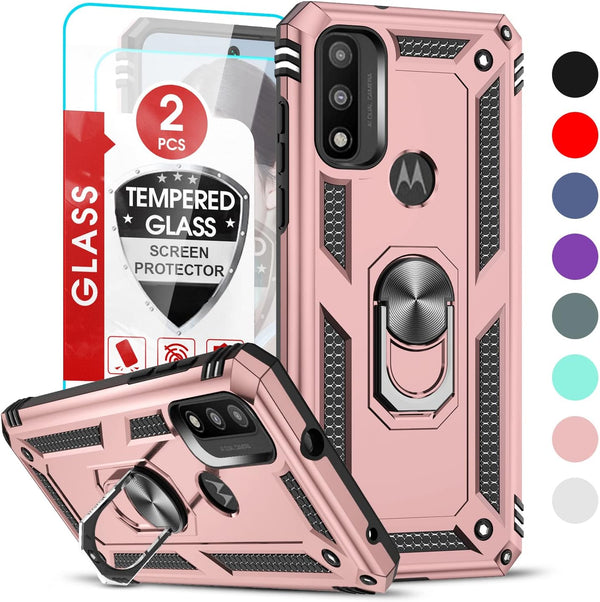 LeYi Phone Case for Motorola Moto G Play 2023, Military-Grade Protective with 2 Pcs Tempered Glass Protector, Rose Gold