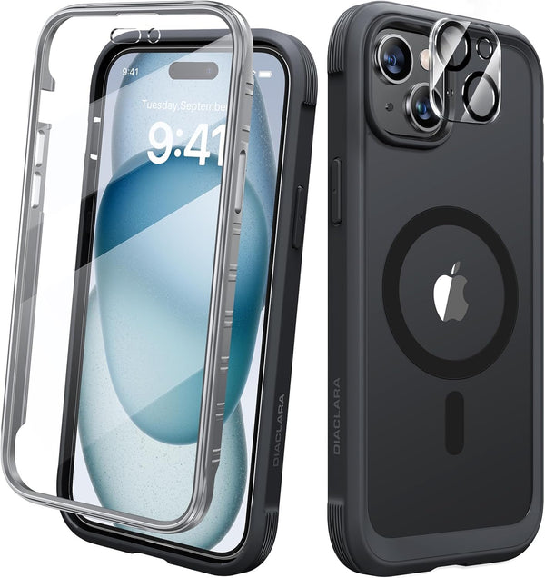 Diaclara iPhone 15 Case (6.1") - Frosted Black, MagSafe Compatible, Anti-Scratch Screen & Camera Lens Protector.