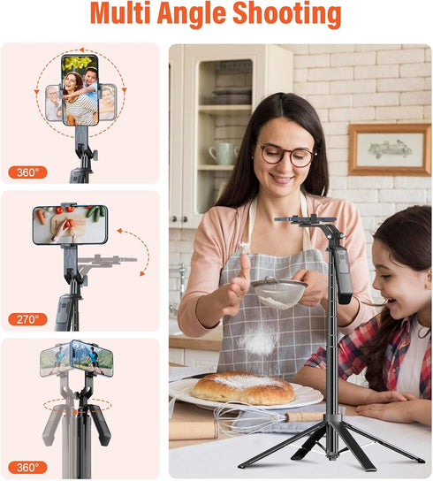 71 Inch Tall Selfie Stick Phone Tripod with Detachable Wireless Remote and 2 LED Lights for Recording, Video, Picture,