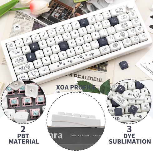 PBT Keycaps 120 Keys, Black White Cute Keycaps, Dye-Sublimation Puppy Comic Theme for Mechanical Keyboards