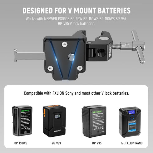 NEEWER Mini V Mount Battery Plate with Wide Super Crab Clamp & QR Lock for Tripod Light Stand