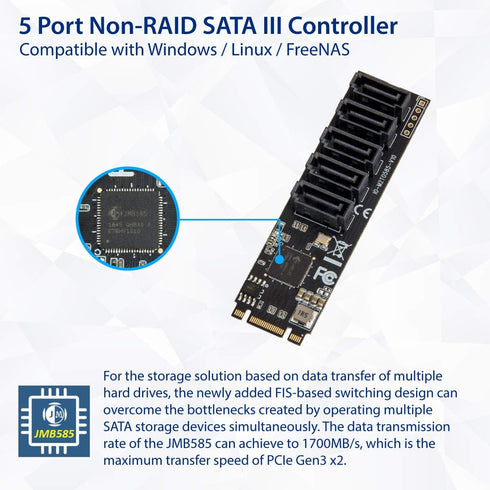 IO CREST Internal 5 Port Non-RAID SATA III 6GB/s M.2 B+M Key Adapter Card for Desktop PC
