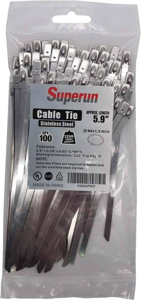 Superun Metal Zip Ties, 5.9 Inch Stainless Steel Cable Ties, Heavy Duty Pack of 100 pcs