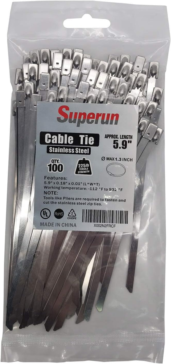 Superun Metal Zip Ties, 5.9 Inch Stainless Steel Cable Ties, Heavy Duty Pack of 100 pcs