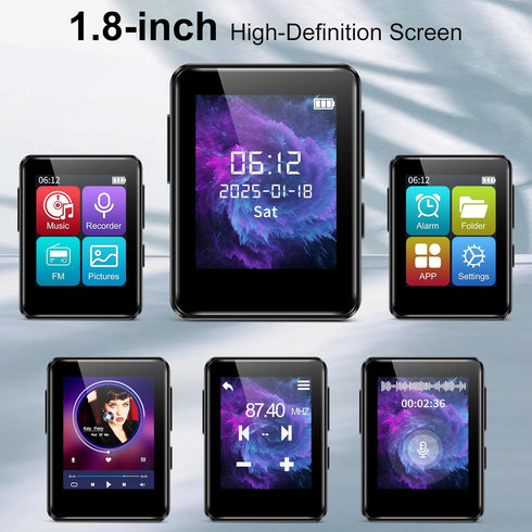 woolynew MP3 32GB 1.8 inch 512GB, Music Player with Bluetooth, Portable Mini Music Player with Screen, Speakers, FM