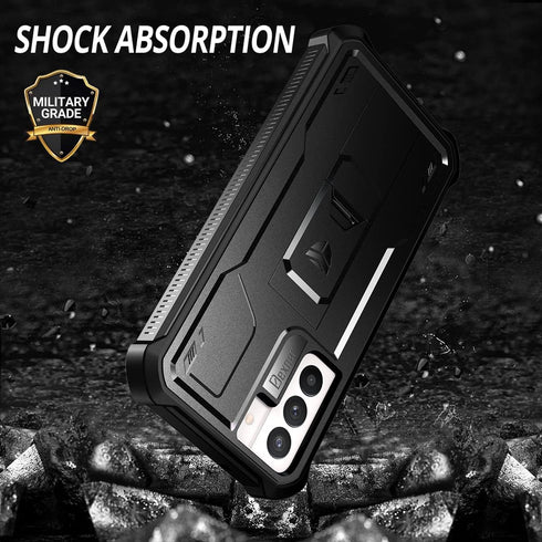 Dexnor Heavy Duty Case for Samsung Galaxy S21 FE 5G, Built-in Screen Protector and Kickstand, Black
