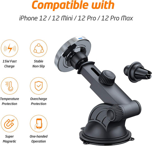 WixGear 15W Wireless Magnetic Car Charger, Air Vent and Dashboard Charger for iPhone 13/12 Pro Max with Auto Alignment