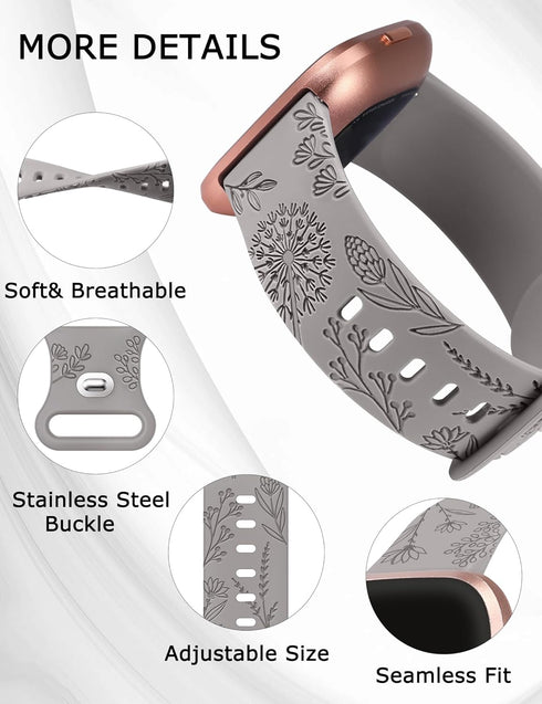 Minyee Floral Engraved Band Compatible with Fitbit Versa 2/Versa Lite, Soft Silicone Dandelion Flower Pattern Strap