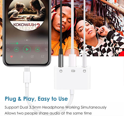 USB C to Dual 3.5mm Headphone Splitter for iPad/iPhone 15, 3 in 1 USB C Earphone Jack Audio Splitter with PD Fast Charging Adapter Compatible with iPad Pro/Air/Samsung Galaxy/Google Pixel