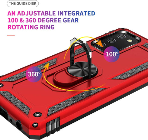 Galaxy A02s Case with HD Screen Protector, Military-Grade Ring Kickstand Holder, Shockproof Red Cover