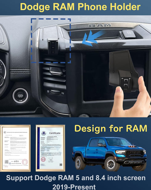 Dodge RAM Phone Mount 15W Fast Wireless Charger for 2024 RAM, Custom Fit Phone Holder for 5 and 8.4 inch Screen
