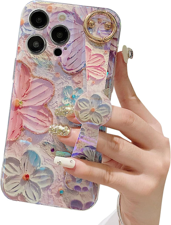 Siduater Hand Strap Holder Case for iPhone 13 Pro Max 6.7" with Kickstand, Adjustable Grip Loop, Floral Pink