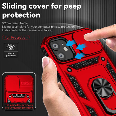 SunStory iPhone 11 Case, Red with HD Screen Protector, Slide Camera Cover & Rotated Ring Kickstand, Military-Grade