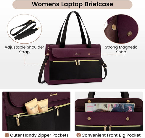 LOVEVOOK 15.6 Inch Laptop Bag for Women Tote Work Professional Leather Computer Briefcase Waterproof Handbag Shoulder