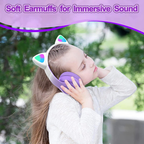 Kids Bluetooth Headphones, Wireless Over-Ear Headphones with Microphone, Cat Ear Design for Girls, Purple