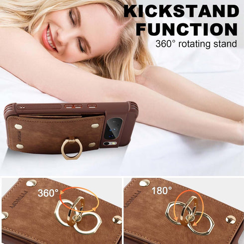 Google Pixel 8 Pro 5G Wallet Case, Leather Shockproof Cover with Credit Card Holder, 360° Rotation Ring Stand, RFID