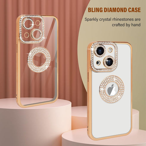Losin 15 Compatible with iPhone Glitter Case with Logo View for Women Girls Luxury Cute Diamond Case Bling Camera