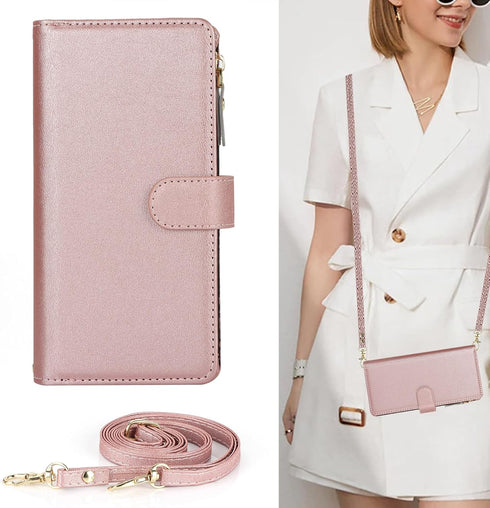 Jaorty iPhone 15 Plus Wallet Case for Women with Card Holder, Crossbody Case with Strap, Zipper Pocket, Rosegold