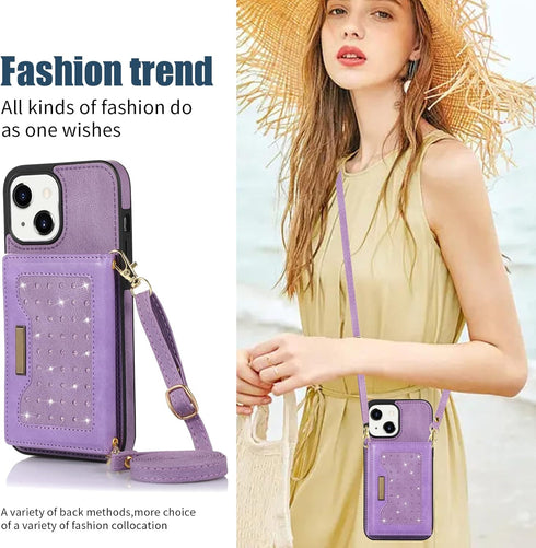 Asuwish iPhone 13 Case: 6.1" Wallet Cover, Card Holder, Tempered Glass Protector, Leather Bling, Purple for Women.