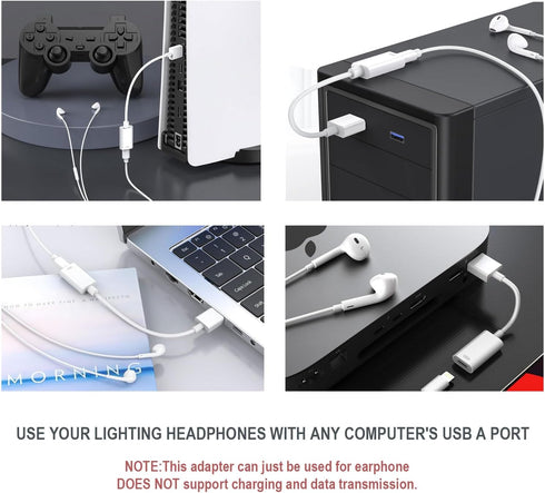 USB Male to Lightning Female Audio Adapter Cable, Type A to Lightning Dongle Converter for Headphones and Earbuds
