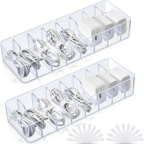 Tatuo 2 Pcs Plastic Charger Cord Organizer Box, Cable Storage Box with Wire Ties for Home Drawer Office Desk