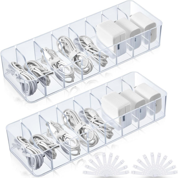 Tatuo 2 Pcs Plastic Charger Cord Organizer Box, Cable Storage Box with Wire Ties for Home Drawer Office Desk
