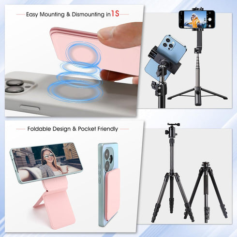 Gugxiom 16/15/14/13/12(Pink) Phone Stand, Foldable Magnetic Phone Tripod, Angle Adjustment & Strong Magnets PU Leather