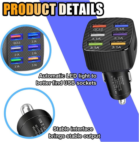 Car Charger Adapter, 6 USB Multi-Port Fast Charger QC3.0 Smart Shunt Cigarette Lighter Charger for Most Cell Phones