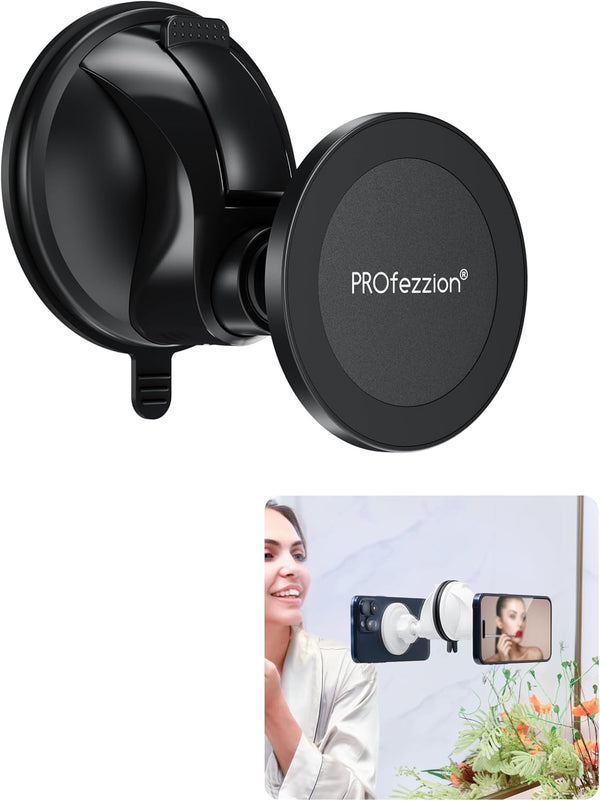 PROfezzion Multi-Surface Suction Mount for Mag Safe iPhone 15, Detachable Hands-Free Phone Holder for Various Surfaces