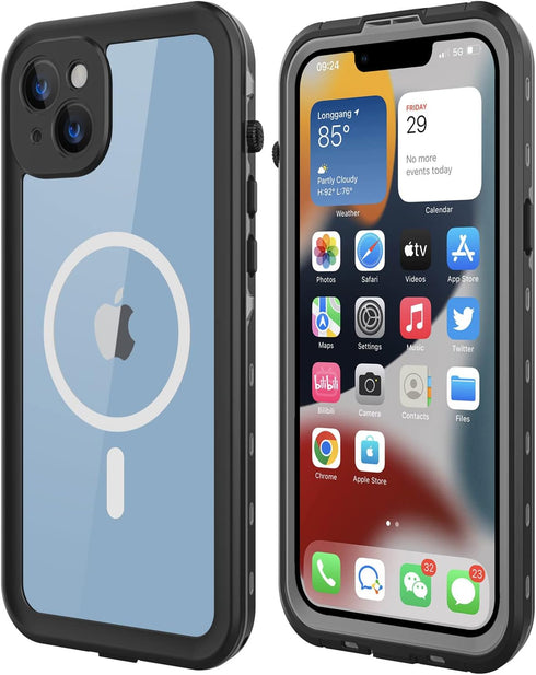 iPhone 14 Waterproof Case, Shockproof Dustproof with Built-in Screen Protector, Magnetic Ring (Black)