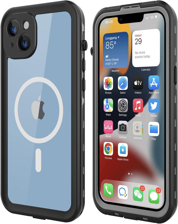 iPhone 14 Waterproof Case, Shockproof Dustproof with Built-in Screen Protector, Magnetic Ring (Black)