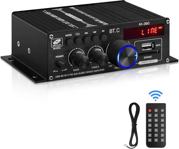 Bluetooth 5.0 Audio Power Amplifier AK-380 - 400W+400W 2.0 CH HiFi Stereo Amp Receiver with USB, SD, AUX, Remote