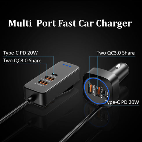 Car USB Charger Multi Port with 5.9FT Extension, QC3.0 76W Fast Charging Adapter for Mobile Phones and iPad