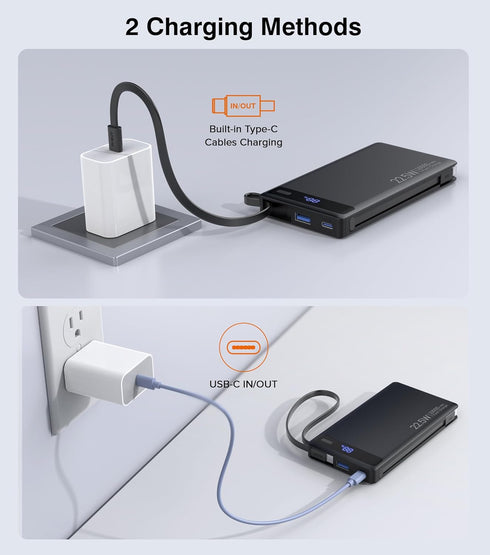 TEMINICE 2 10000mAh, 22.5W Pack, 17 16 15 etc(1 Power Bank with Built-in Cables PD Slim Portable Charger USB C Battery