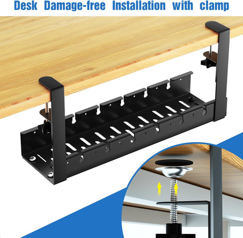 No Drilling Under Desk Cable Management, Metal Cable Management Tray with Clamp, Retractable Power Strip Holder