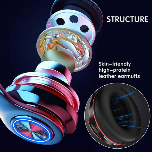 Bluetooth Over Ear Headphones with Microphone, Lightweight Wired/Wireless HiFi Stereo, Colorful LED Lights, Deep Bass