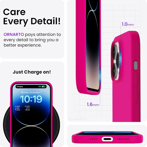 ORNARTO Slim Liquid Silicone Case for iPhone 14 Pro 6.1, Hot Pink, 3 Layers Full Covered Soft Gel Rubber Protective