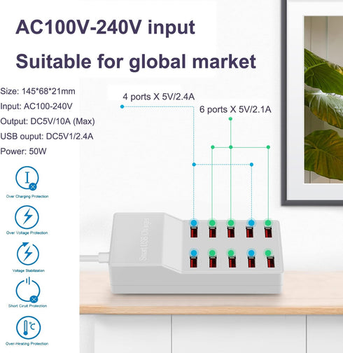 USB Charger Station,10-Port 50W/10A Multiple USB Charging Station,Multi Ports USB Charger Charging for Smartphones,Tablets,and Other USB Devices.