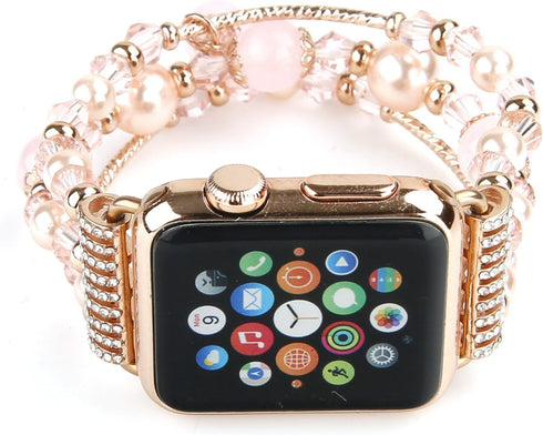 GEMEK Compatible Apple Watch Band 38/40/41mm, Rose Gold Women Pearl Bracelet Strap (Pink)